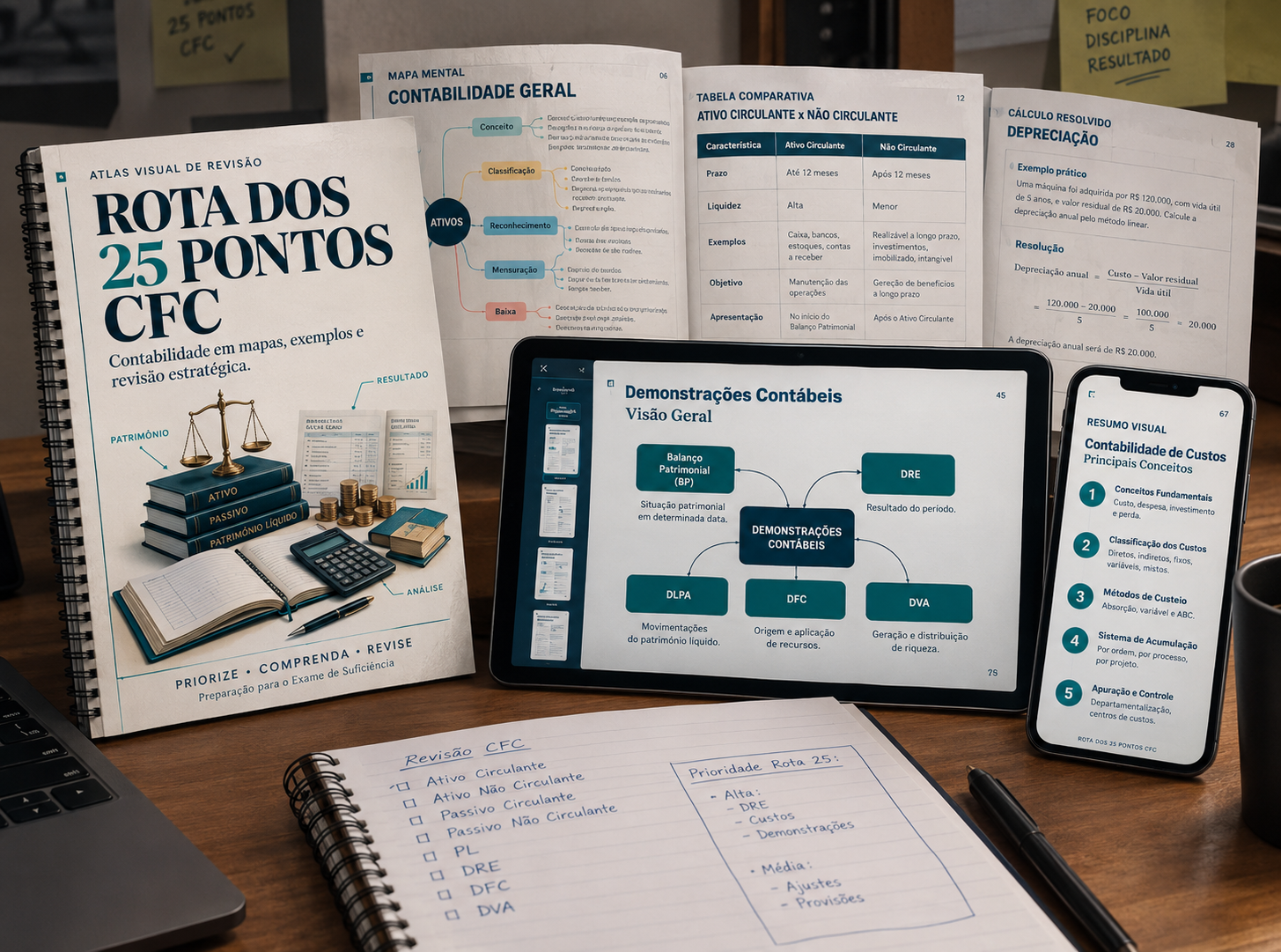 Rota dos 25 Pontos em uma mesa de estudo, com atlas, páginas impressas, tablet e celular